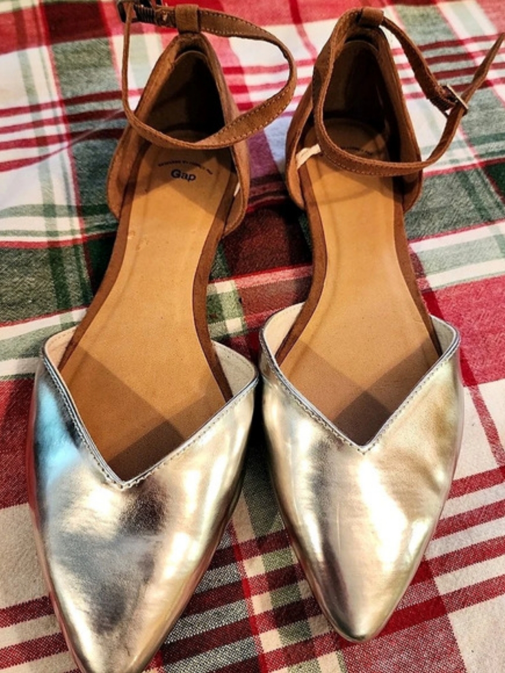 Gap Metallic Silver Pointed Toe Ankle Strap d'Orsay Flats